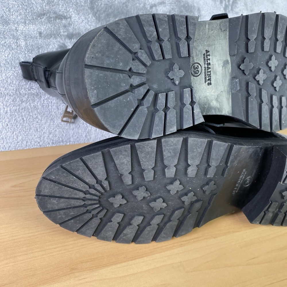 All Saints Boots Womens 39 US 9 Black Donita Leather Combat Buckle Cap Toe Lug - Picture 16 of 16